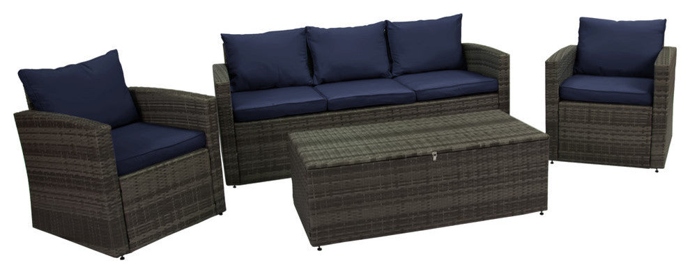 Rio 4-Piece Wicker Conversation Set With Storage, Gray Wicker/Navy Cushions