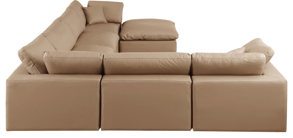 Comfy Upholstered U-Shaped Modular Sectional, Tan, 7-Piece: 3 Armless Chair, 3 Corner Chair, 1 Ottoman, Vegan Leather