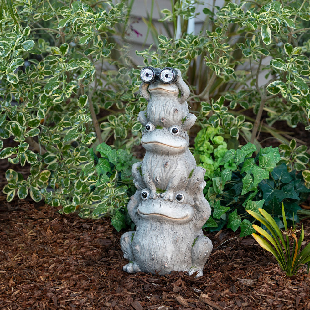 Alpine Solar Three Stack Frogs Statue with LED Light, 24"