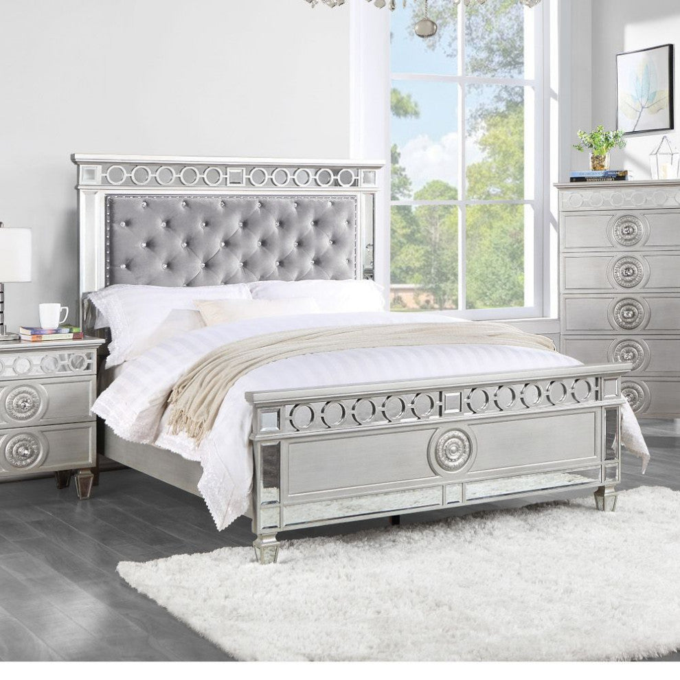 ACME Varian Full Bed, Gray Velvet, Silver and Mirrored Finish