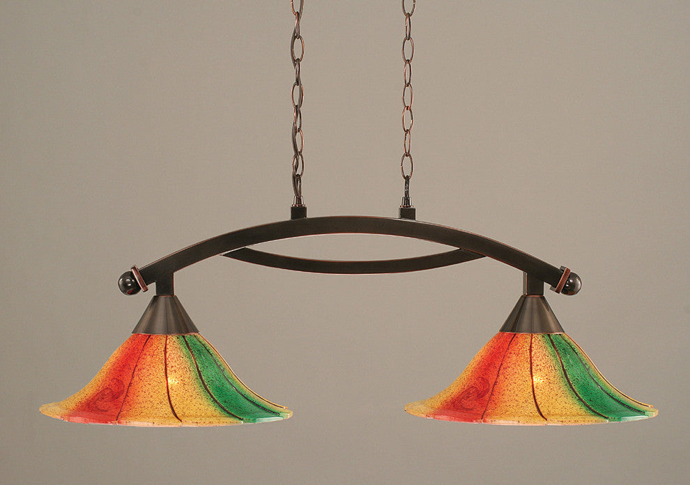 Bow 2 Light Island Light In Black Copper, 14" Mardi Gras Glass