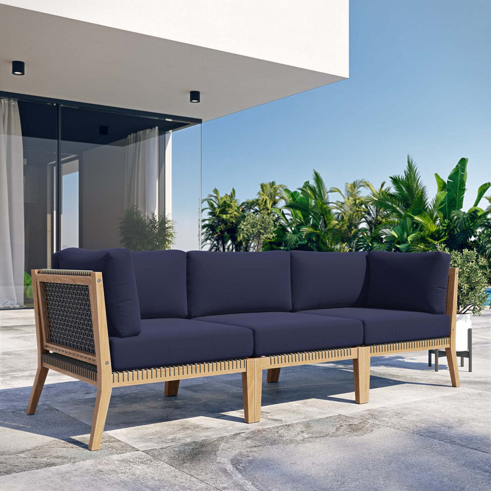 Clearwater Outdoor Patio Teak Wood Sofa, Gray Navy