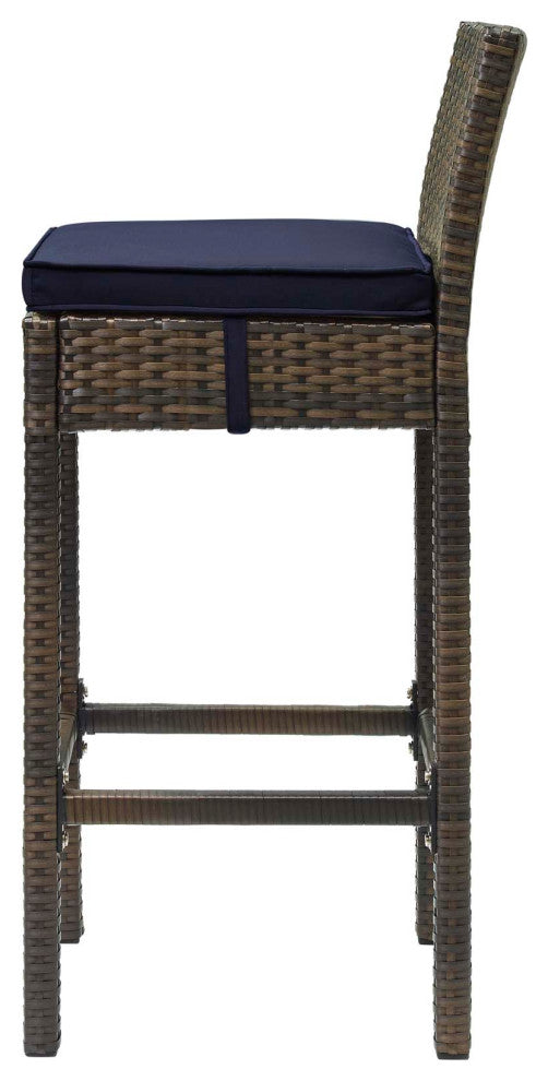 Modern Outdoor Bar Stool Chair, Set of Four, Fabric Rattan, Brown Navy Blue