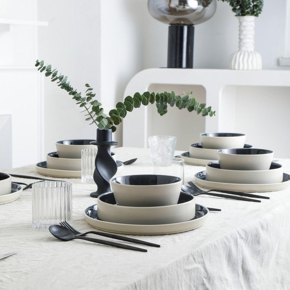 Stone Lain Elica Stoneware 12 Piece Dinnerware Set, Black and Beige