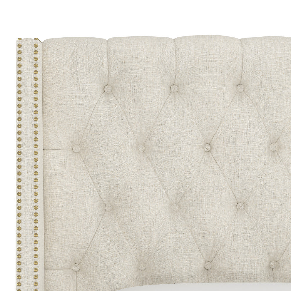 Williams Full Nail Button Wingback Headboard, Linen Talc