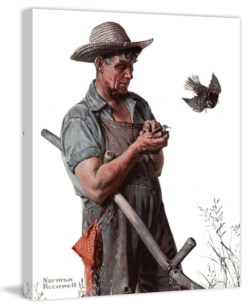 "Farmer and the Bird" Painting Print on Canvas by Norman Rockwell