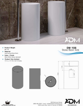 ADM Circular Freestanding Pedestal Sink, White, 18", Matte White
