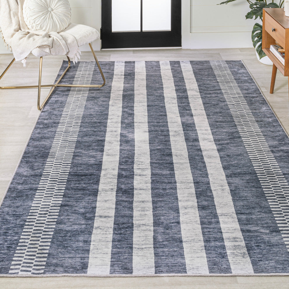 Vichy Geometric Striped Machine-Washable Area Rug, Slate Gray/Ivory, 8 X 10