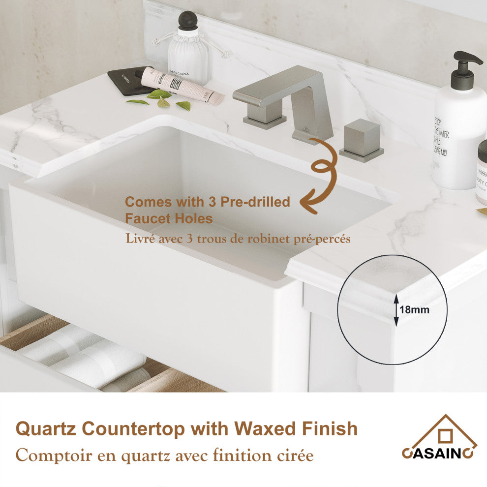 Freestanding Bath Vanity in White with White Quartz Top, 36in