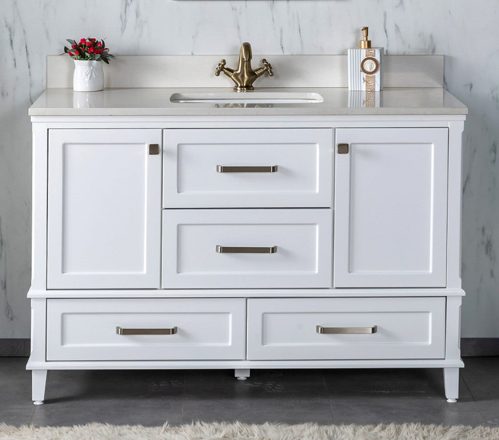 Nera Collection 48" Bath Vanity Quartz Top and Ceramic Sink, White, 48"