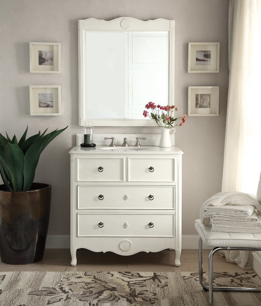 34 Inch Distressed Antique White Daleville Cottage Style Bathroom Sink Vanity