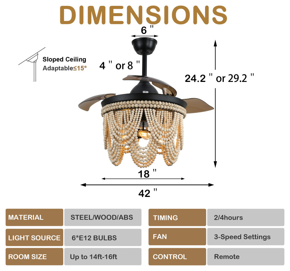 42" BoHo Ceiling Fanlight with Retractable Blades and Wooden Beads Accents, Black