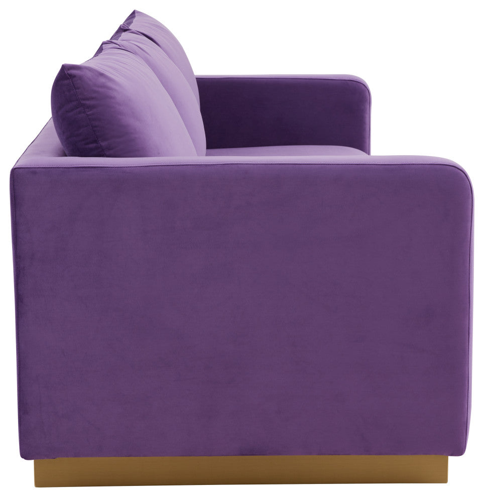 LeisureMod Nervo Modern Velvet Sofa With Gold Base, Purple