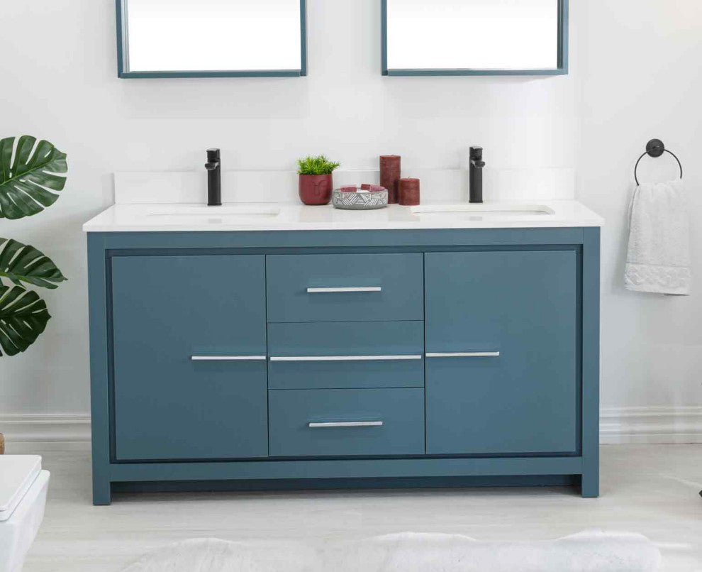 Mila Collection 60" Bathroom Vanity With Sink, Mirror, Countertop, Alasca Blue