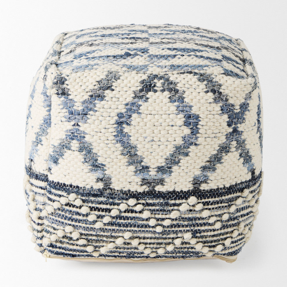 Eshana 16Lx16Wx16H Cream Wool and Denim Patterned Pouf
