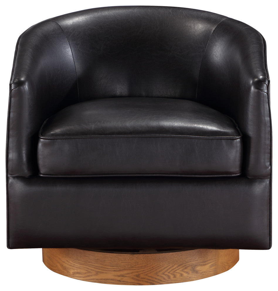 Irving Faux Leather Wood Base Barrel Swivel Chair, Dark Brown