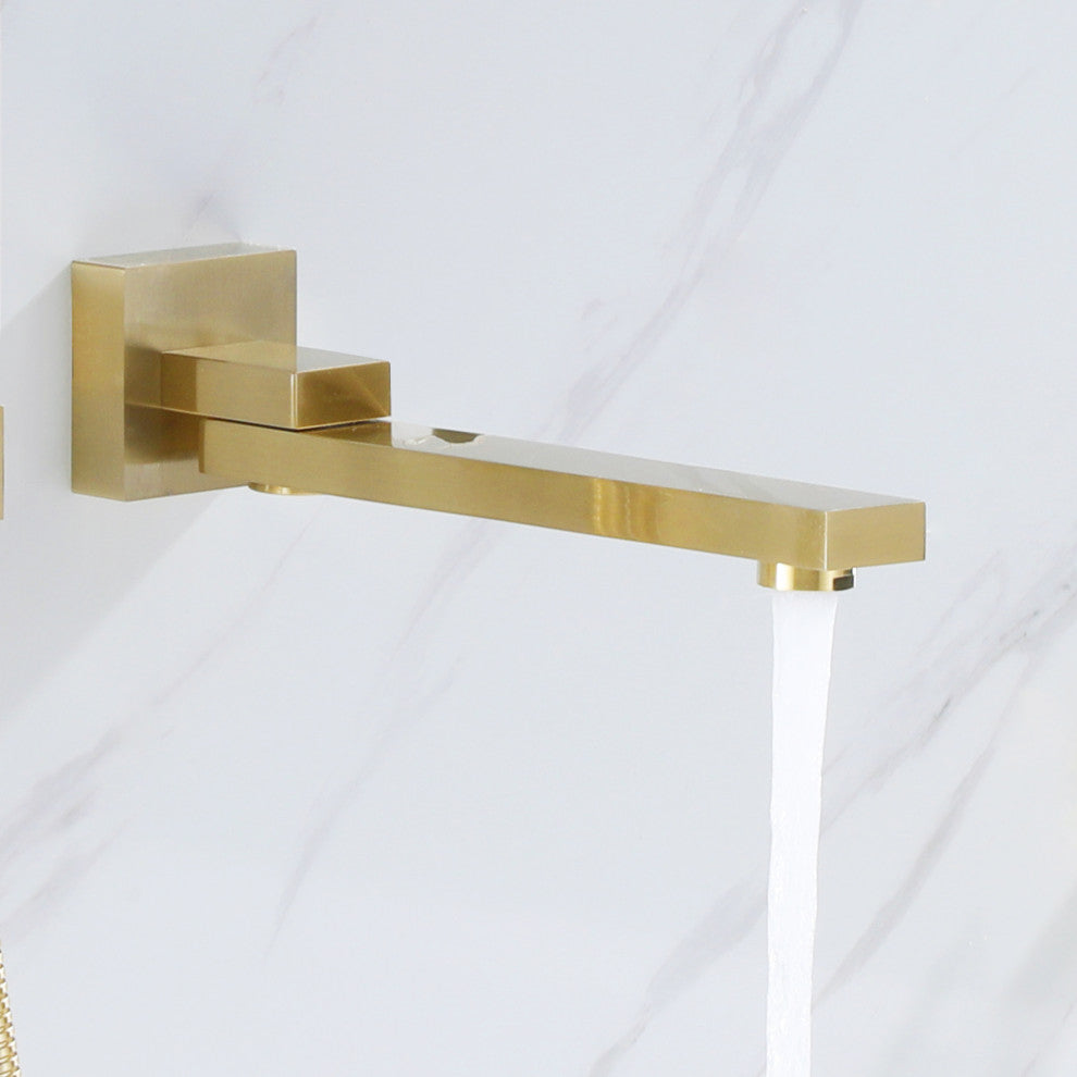 Wall Mounted Double Handle Roman Tub Faucet with Hand Shower, Brushed Gold