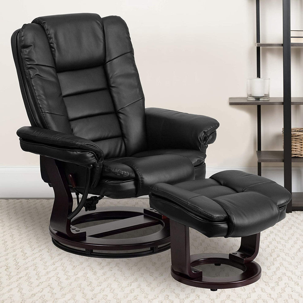 Contemporary Recliner With Ottoman, Comfortable LeatherSoft Upholstery, Black