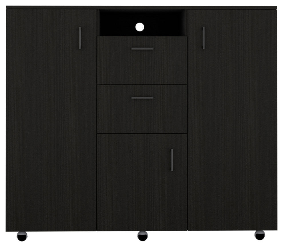 Sicilia Cabinet Dresser with 2 Drawers, Open Shelf, Rod, and 4 Casters, Black