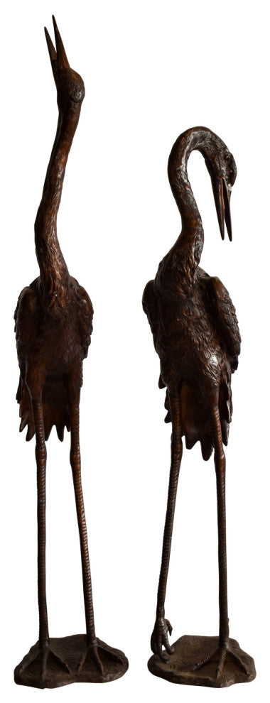 Pair of Crane Fountains Made of Bronze Statue 13" x 9.5" x 52"H