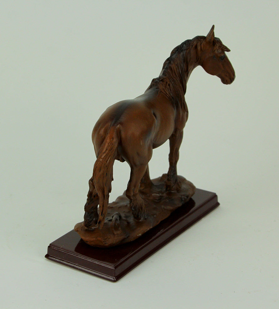 Brown Feathered Foot Standing Horse Statue On Wood Base