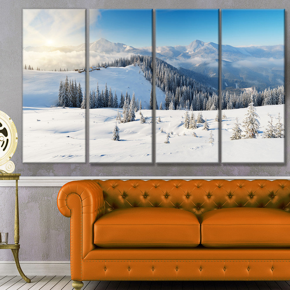 Sunny Morning in Mountains, Landscape Canvas Art Print, 48"x28", 4 Panels