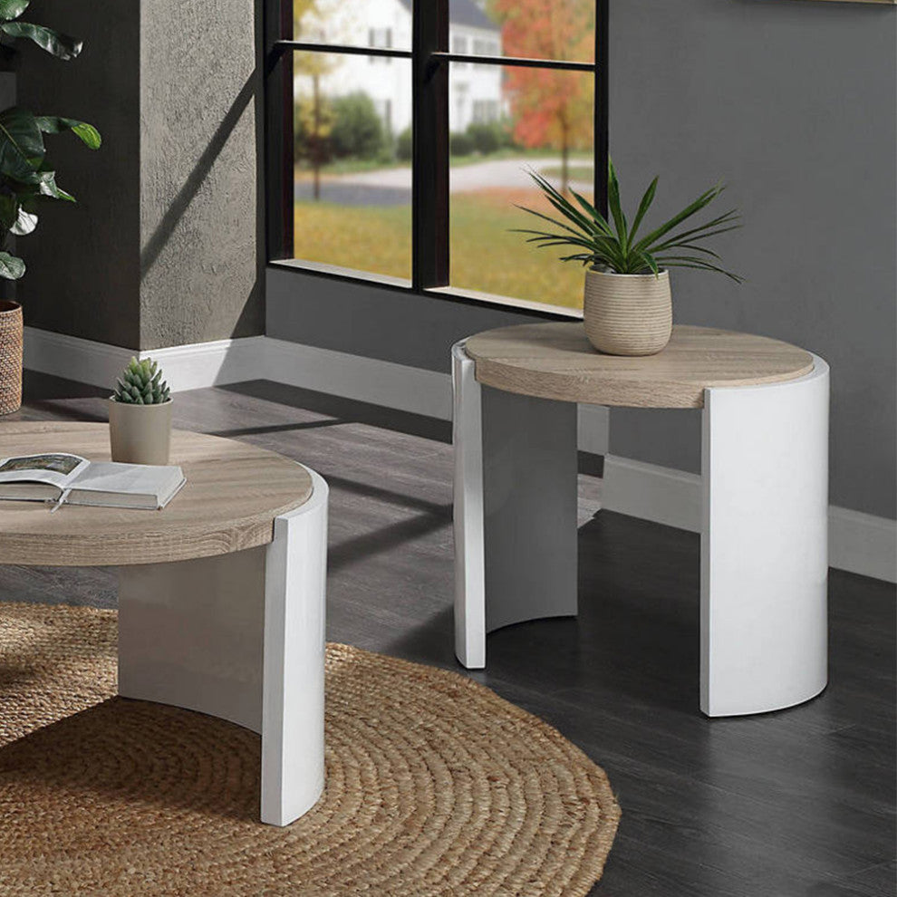 Round Wooden End Table, High Glos White and Oak