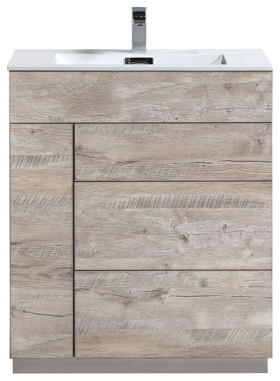 Milano 30" High Glossy Bathroom Vanity, High Gloss White, Nature Wood