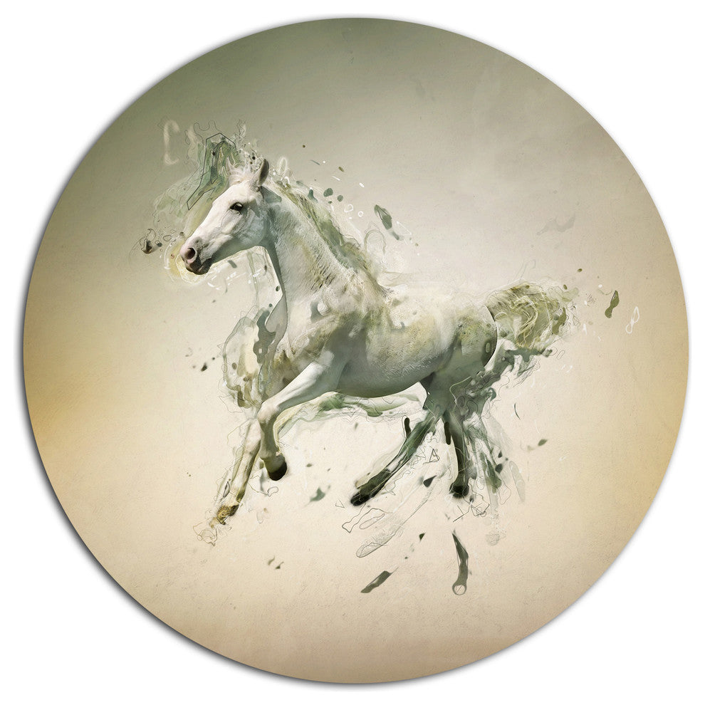 White Horse In Motion On Brown, Animal Round Wall Art, 36"