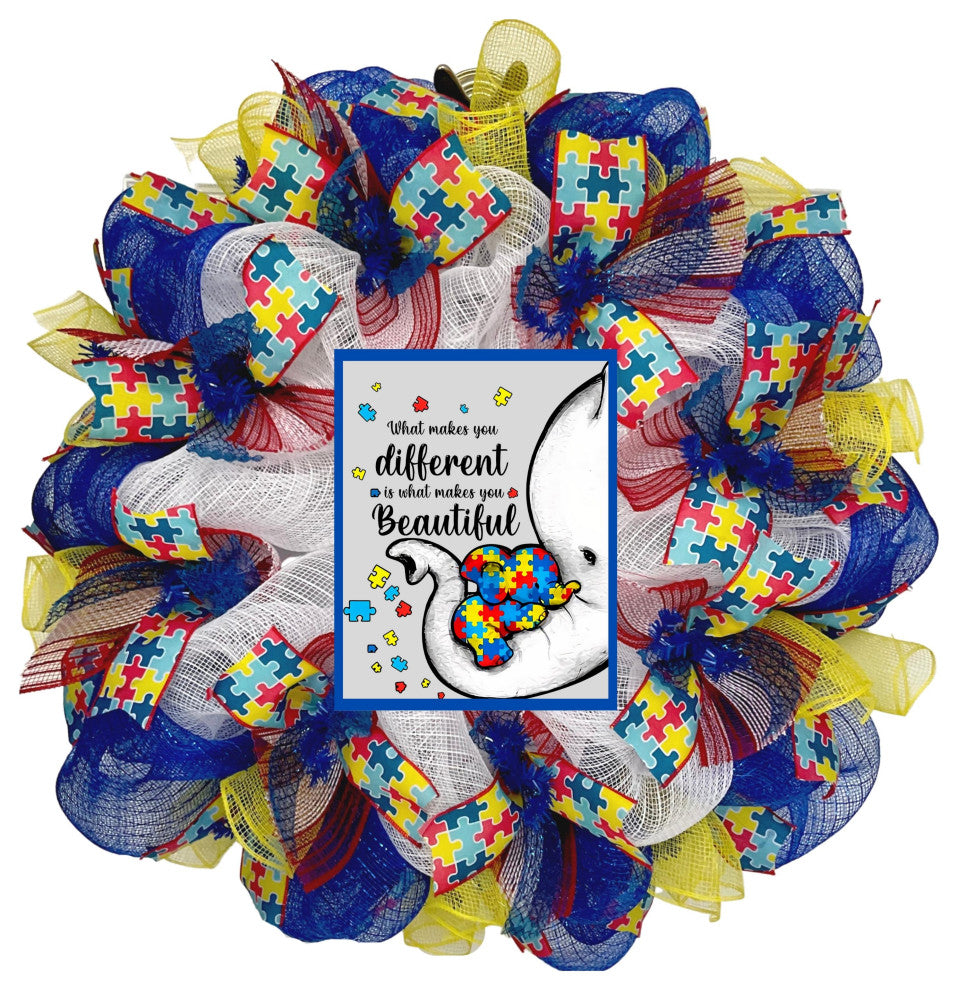 Autism Awareness Elephant Handmade Deco Mesh Wreath