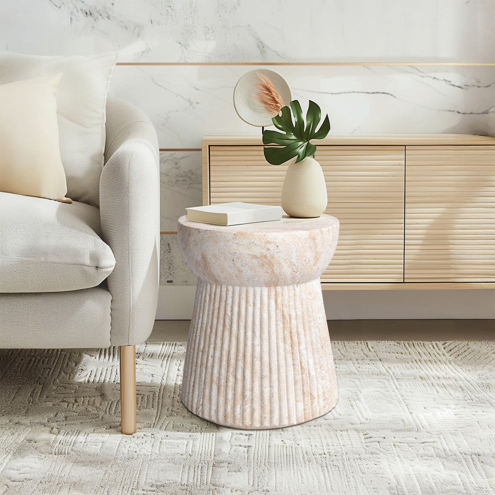 Fluted Travertine Stone Finish Italian Design MgO Side Accent Table