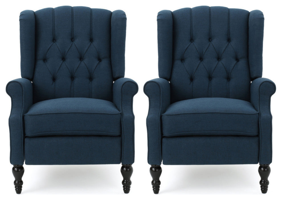 GDF Studio Xanthe Tufted Fabric Recliner, Set of 2, Navy Blue and Dark Brown