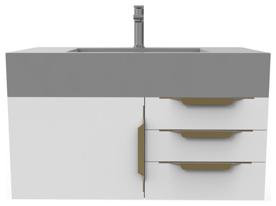 CastelloUSA Nile 36" Wall Mounted Vanity Set, White, Gray Top, Gold Handles