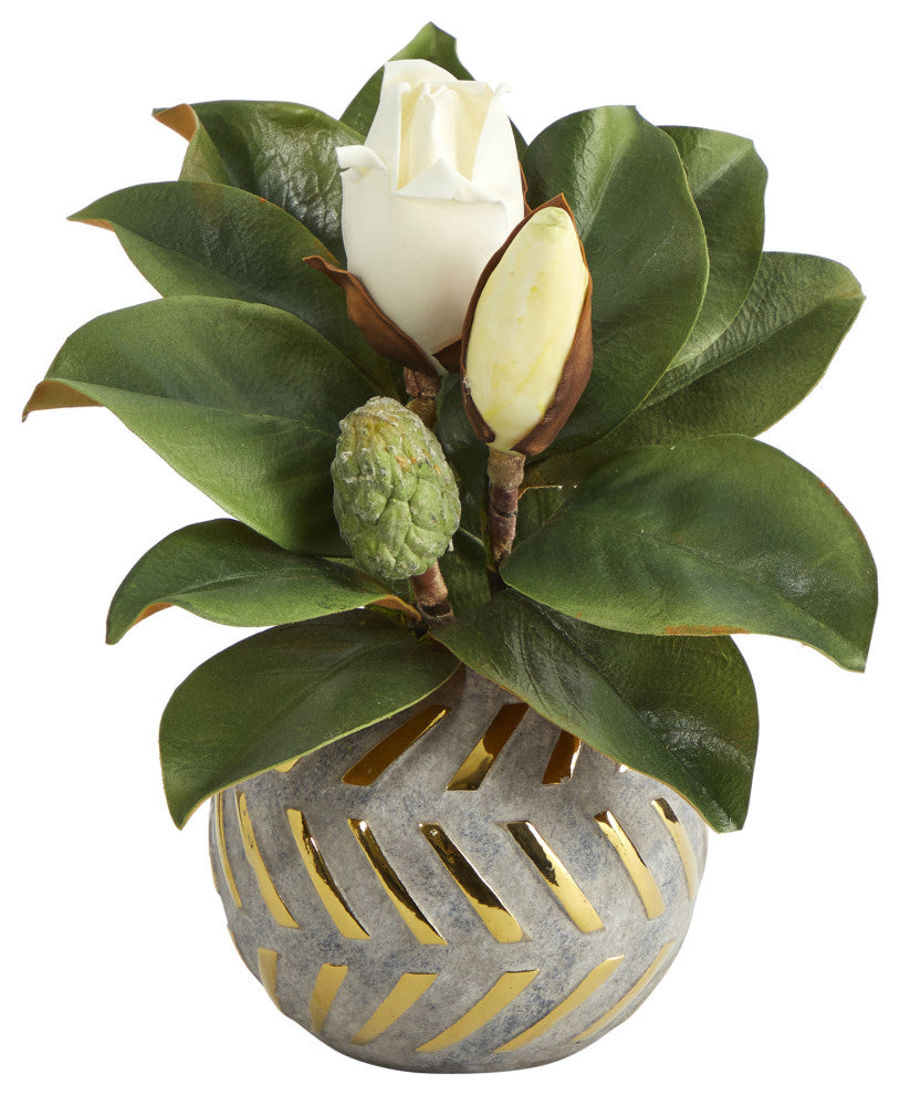 12" Magnolia Artificial Plant, Planter With Gold Trimming