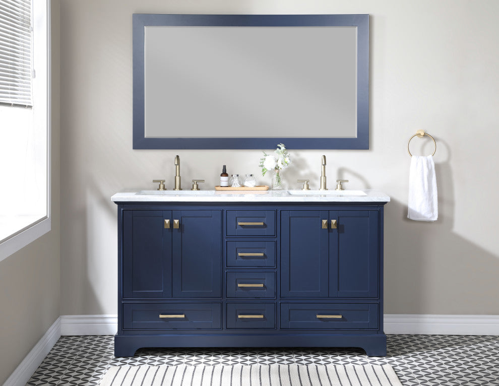 60" W Double Freestanding Bath Vanity, Blue With White Marble Top