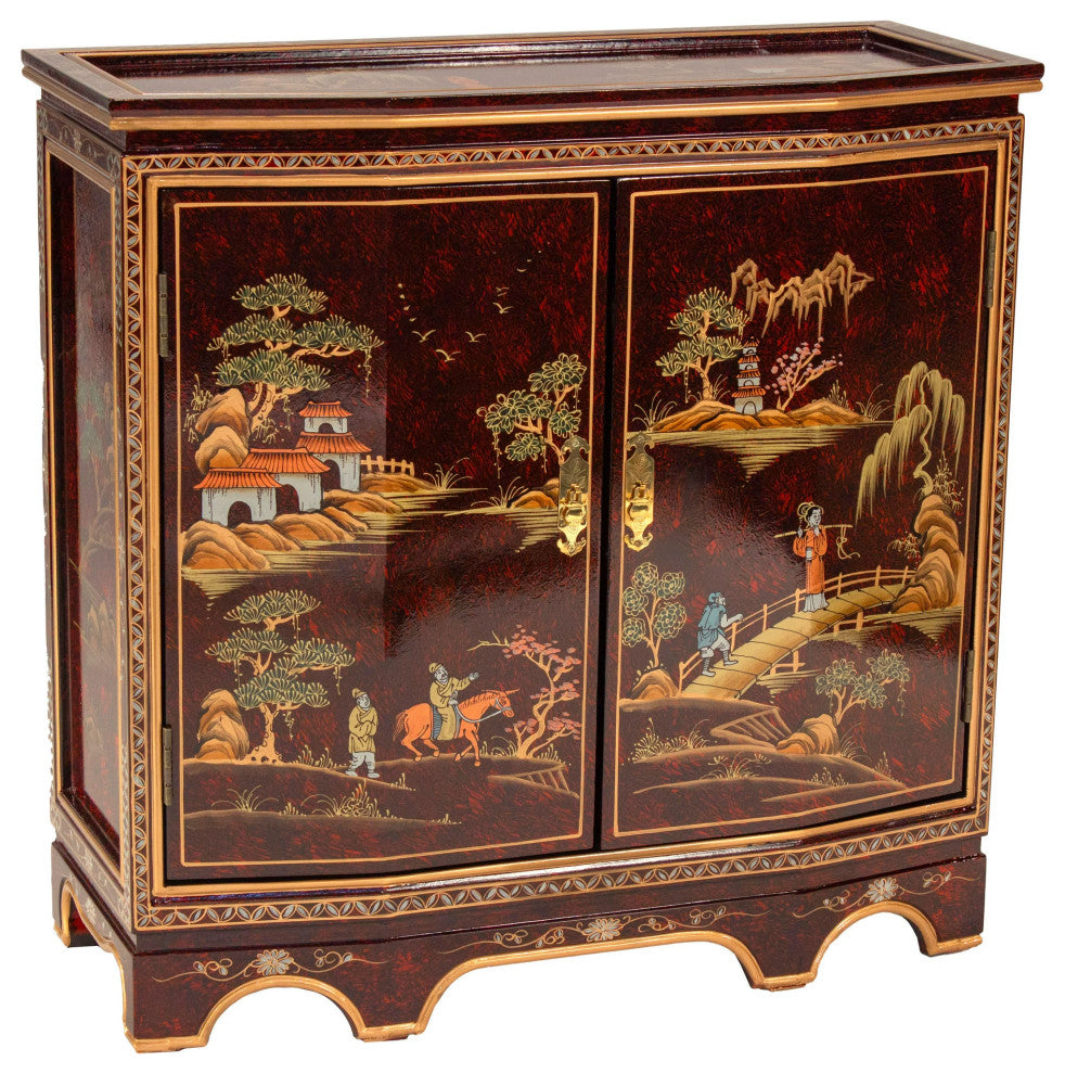 Traditional Oriental Sideboard, 2 Doors Cabinet With Hand Painted Landscape, Red