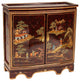 Traditional Oriental Sideboard, 2 Doors Cabinet With Hand Painted Landscape, Red