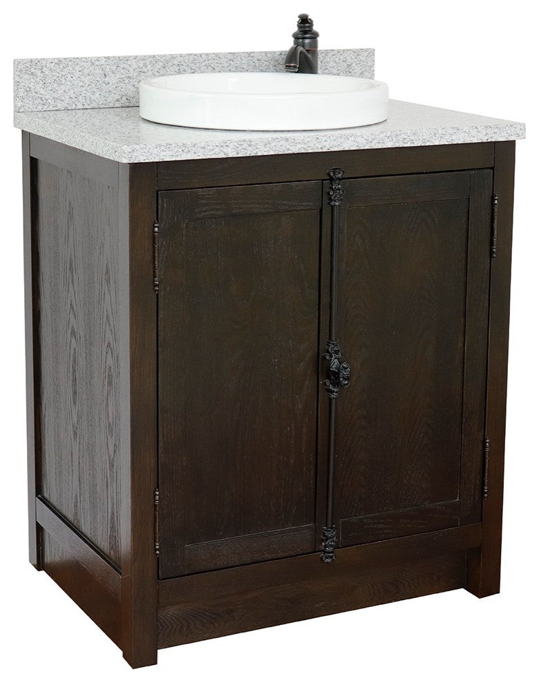 30" Single Vanity, Brown Ash, Gray Granite Top, Round Sink