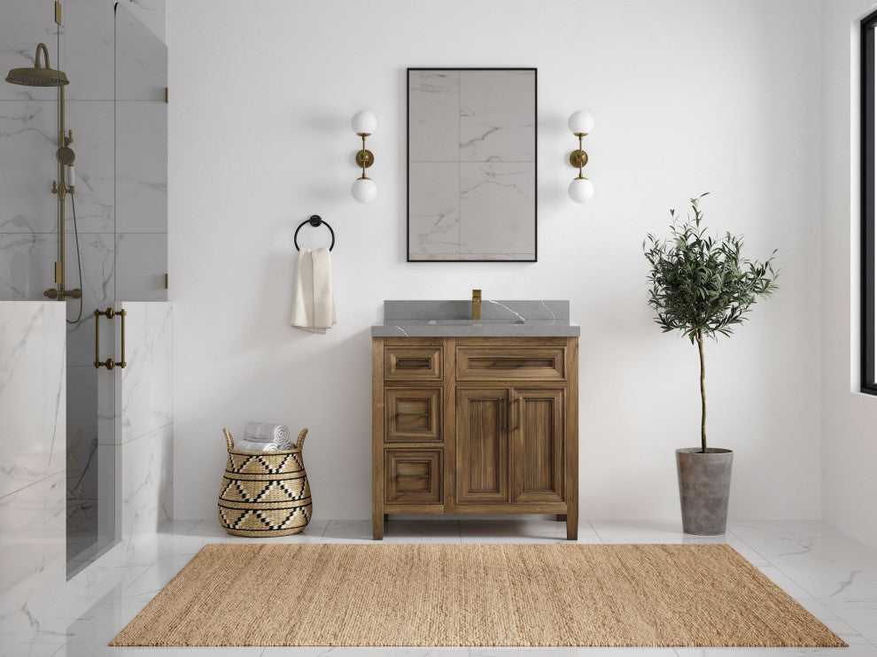Santa Monica 36 Center Sink Bath Vanity in Graywashed Teak 2" Piatra Gray