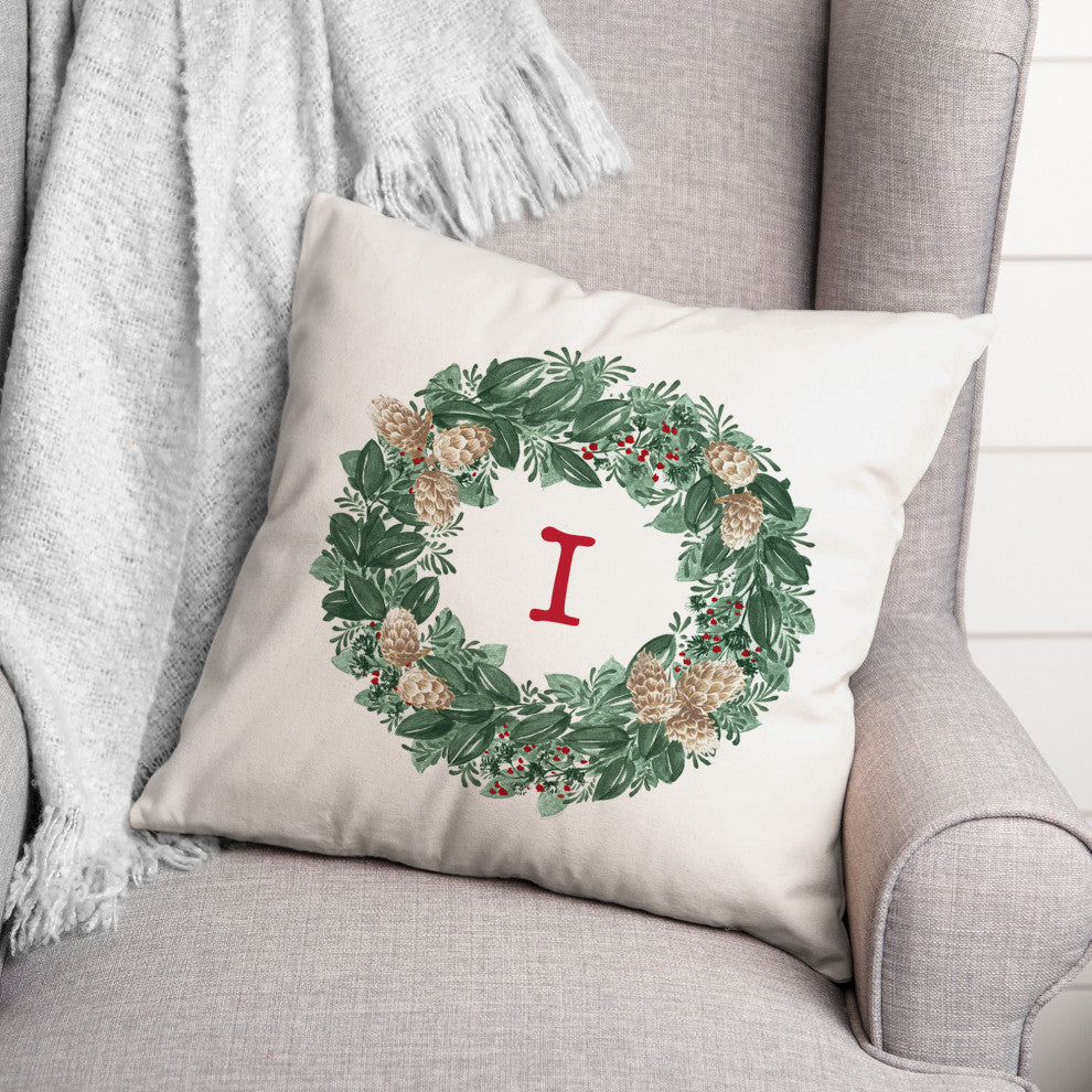 Christmas Wreath Monogram I 18x18 Spun Poly Pillow