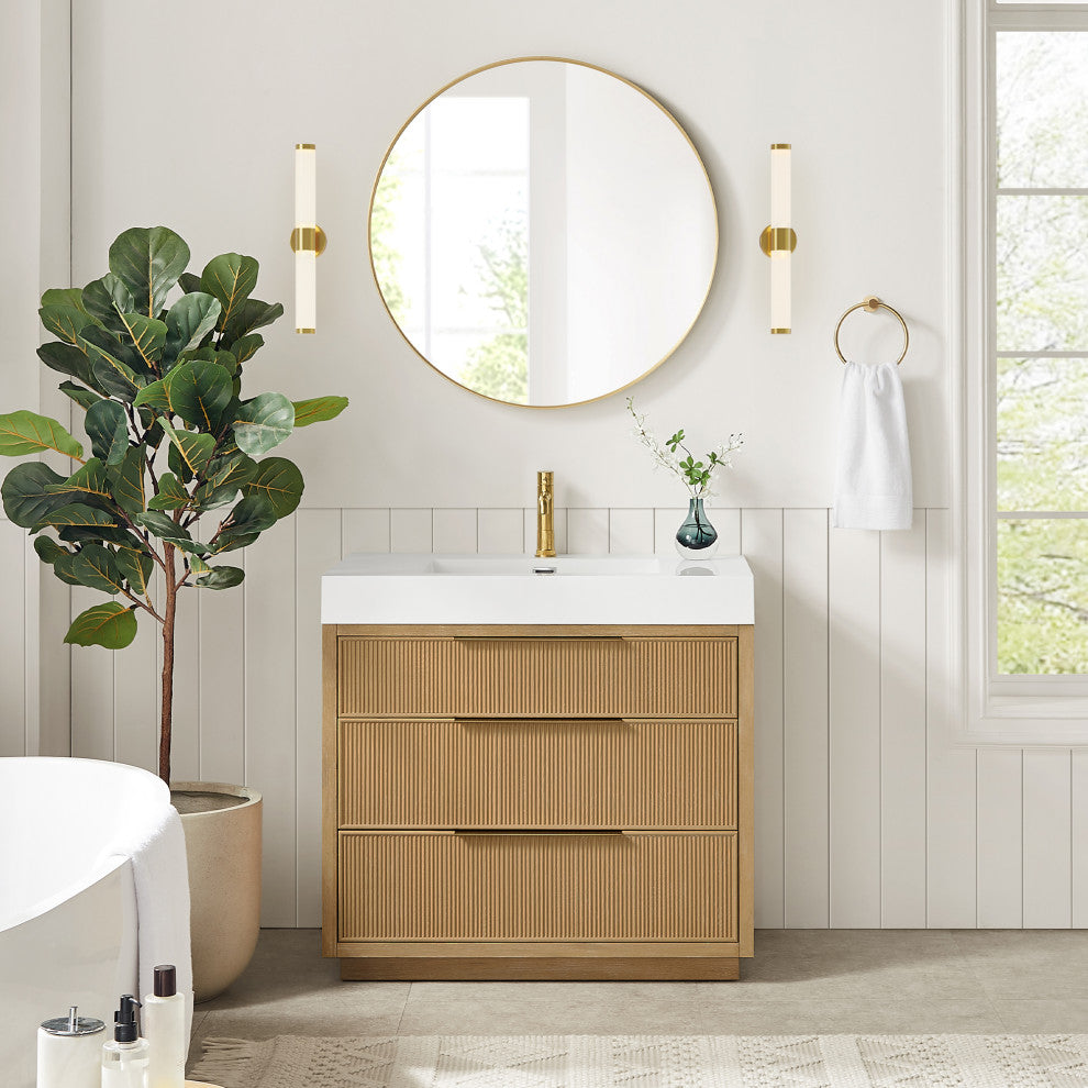 Hohhot Bath Vanity, Stone Sink Top No Mirror, Washed Ash Gray, 36", Single Vanity