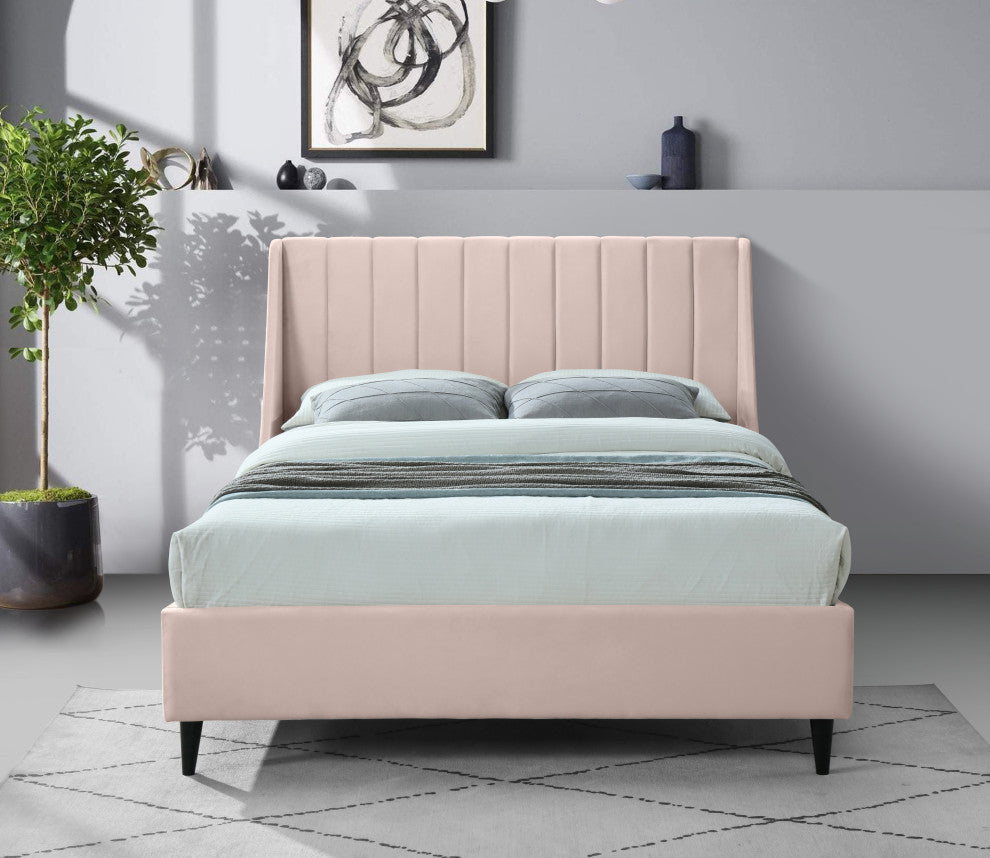 Eva Velvet Upholstered Bed, Pink, Full