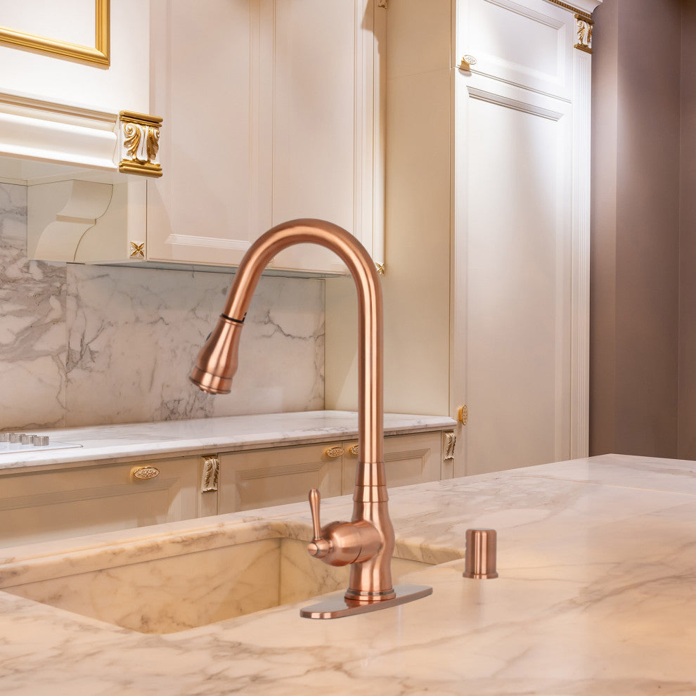 Pull Down Kitchen Faucet With Deck Plate, Single Level Solid Brass Sink Faucets,