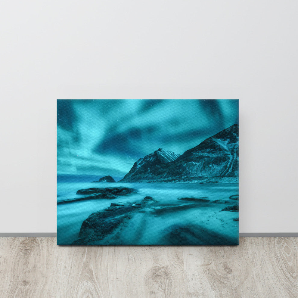 Blue Northern Lights and Mountain Coast Landscape Photo Canvas Wall Art Prints, 16" X 20"