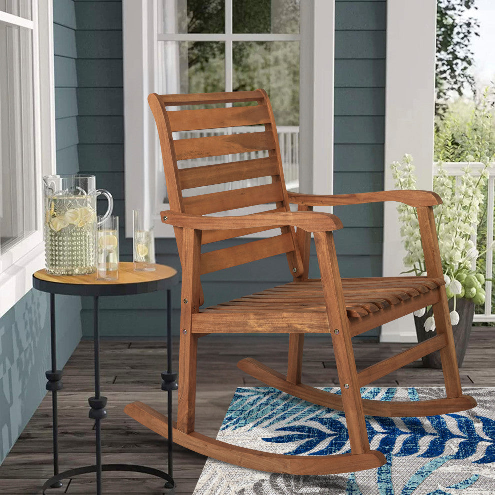 Carey Modern Slat-Back Acacia Wood Patio Outdoor Rocking Chair, Teak