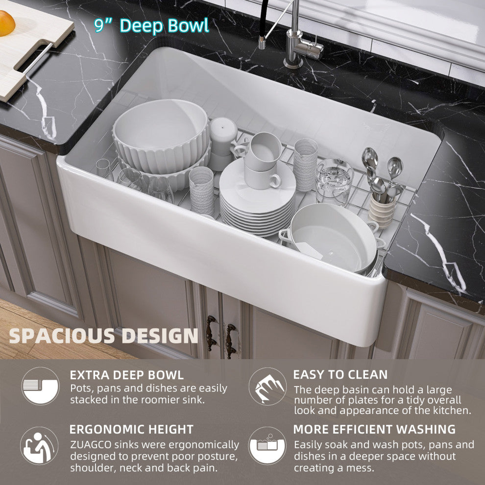 36"L x 20"W  White Single Bowl Fireclay Farmhouse Kitchen Sink With Accessories