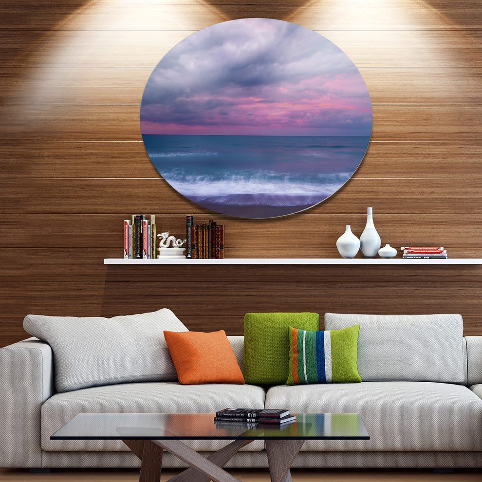 Blue And Pink Unset Over Sea, Seashore Disc Metal Wall Art, 23"