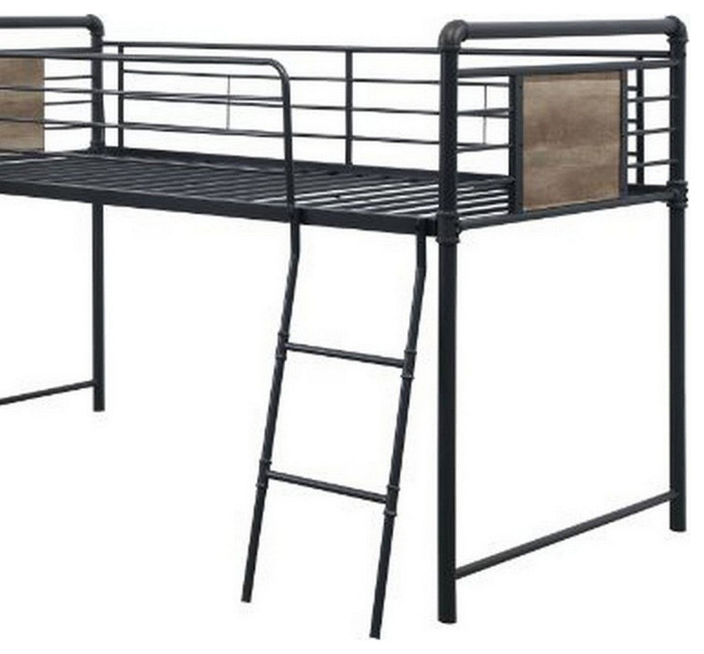 Benzara BM261730 Twin Loft Bed With Tubular Metal Frame and Slide, Dark Bronze