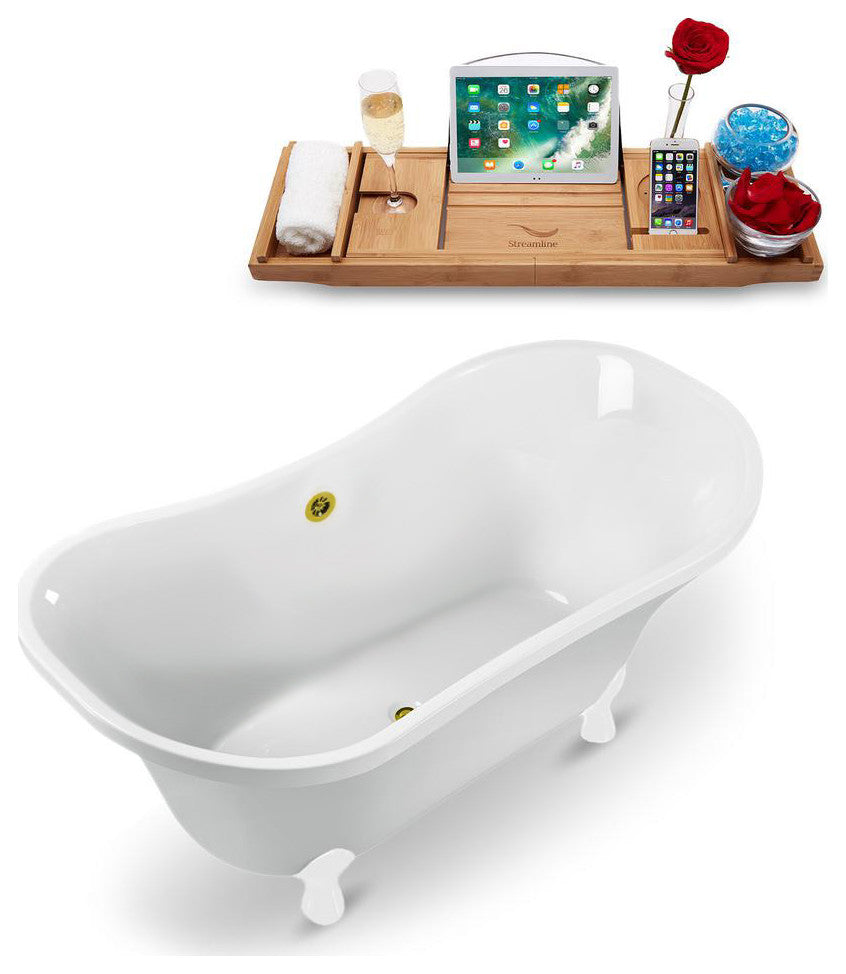 60" White Clawfoot Tub and Tray, White Feet, Gold External Drain