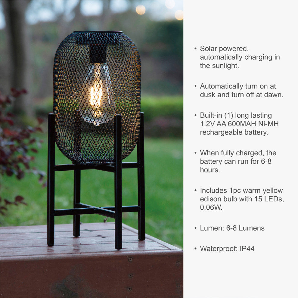 14.25"H Metal Mesh Black Solar Powered Outdoor Lantern With Stand